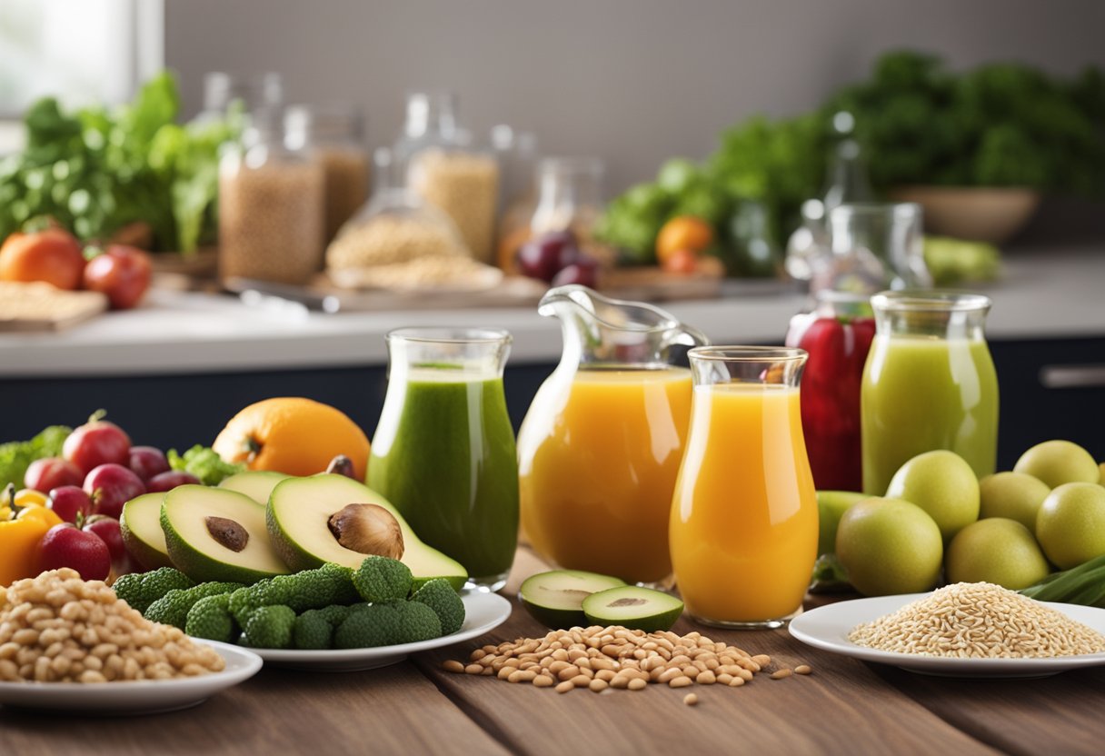 A table with a variety of healthy foods, such as fruits, vegetables, and whole grains, along with a prenatal vitamin bottle and a glass of water