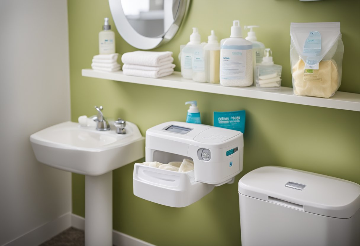 A diaper changing station with clean diapers, wipes, and a diaper pail