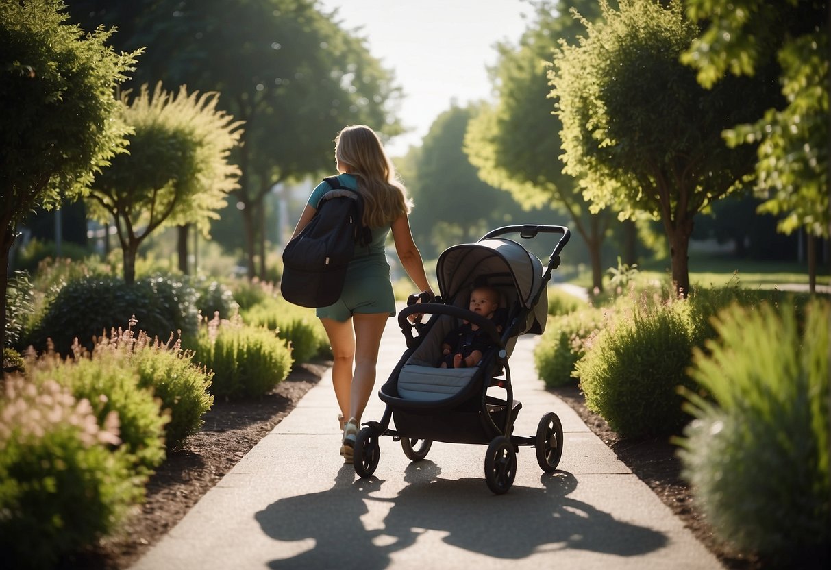 A woman's silhouette walking on a path, surrounded by healthy food and exercise equipment, with a baby stroller in the background