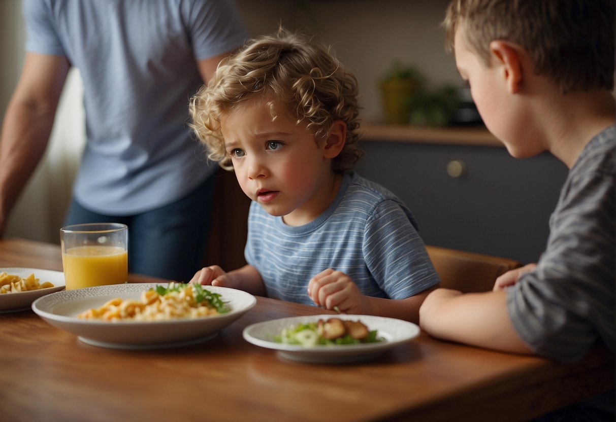 A child sits at a table, pushing away a plate of food. A frustrated parent looks on, trying to find practical methods to deal with their picky eater