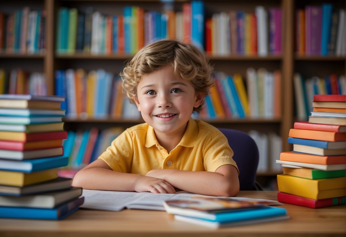 A young child sitting at a desk, surrounded by colorful language books and flashcards, eagerly learning a new language with a smile on their face