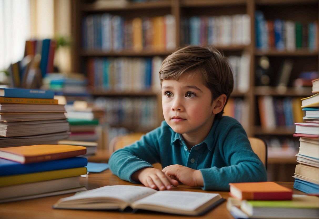 A child sits at a desk surrounded by colorful language learning materials, eagerly engaged in studying a foreign language. The room is filled with enthusiasm and a sense of curiosity