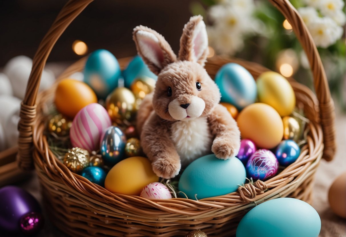A colorful Easter basket filled with toys, chocolates, and decorated eggs. A bunny-shaped plush toy sits on top, surrounded by festive decorations