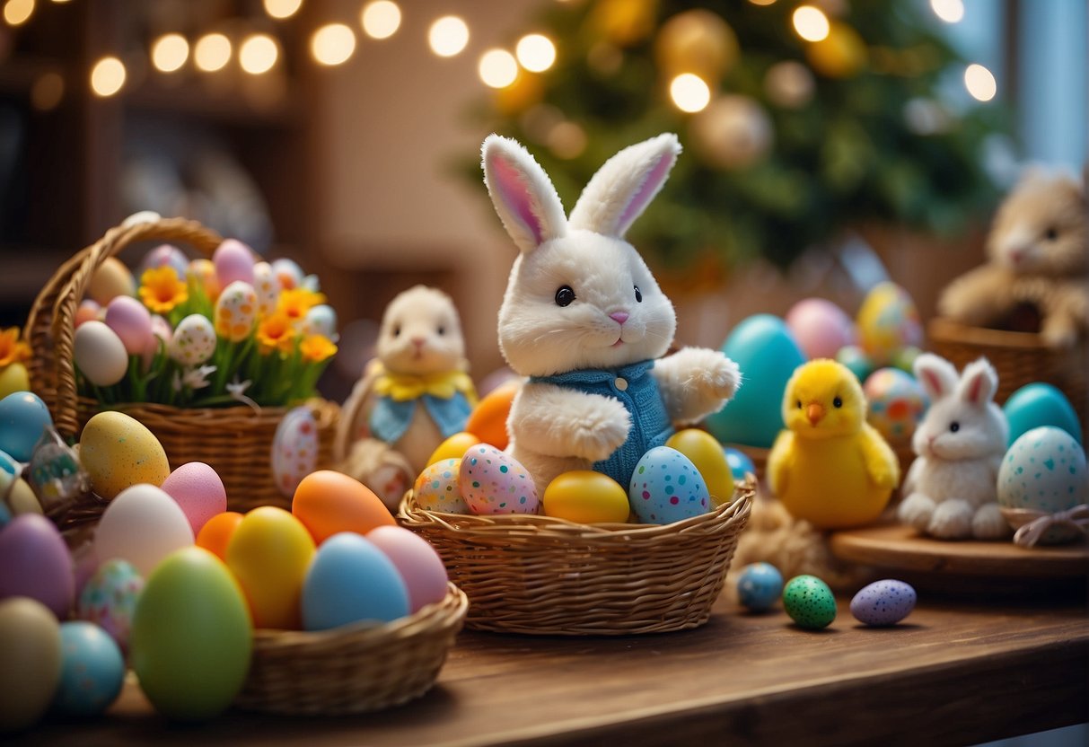A table filled with Easter-themed toys and gifts for children. Baskets, plush animals, and colorful eggs are arranged in a festive display