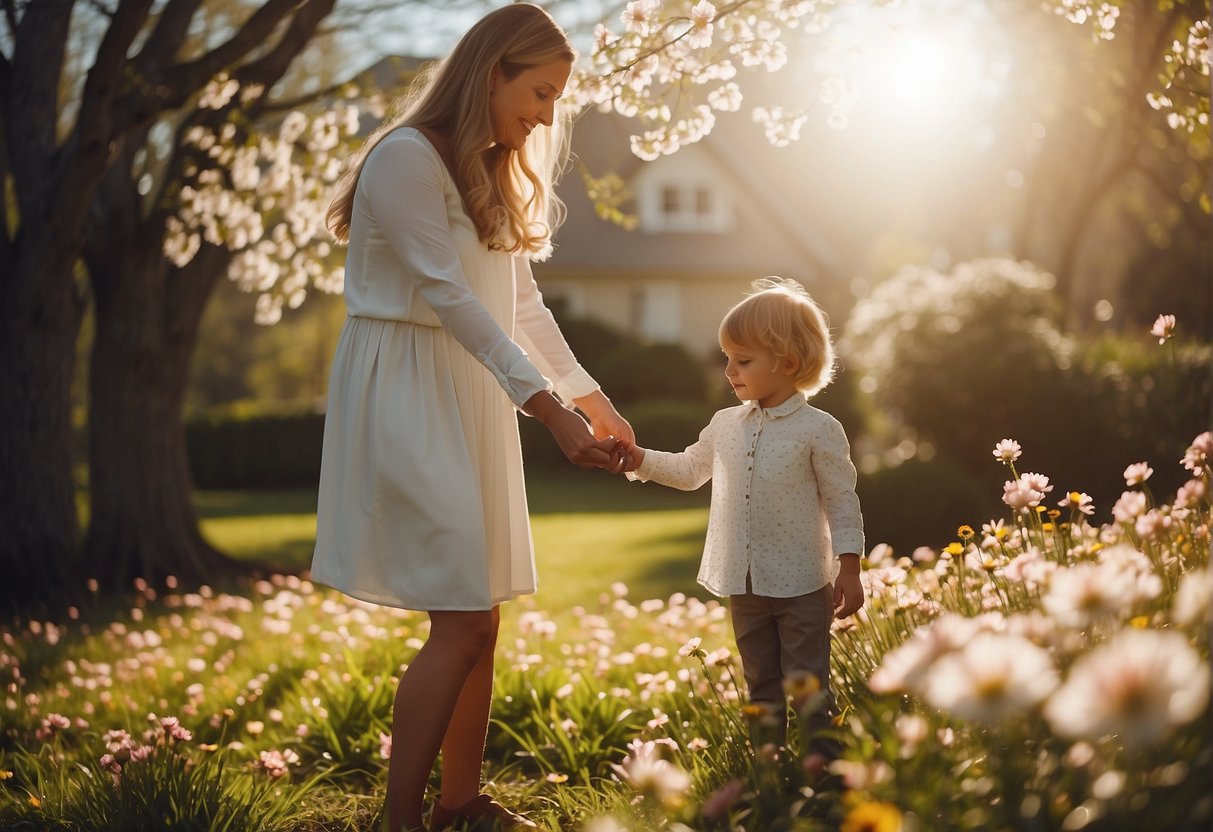 A child in spring attire, surrounded by blooming flowers and sunshine, with a parent gently adjusting their clothing