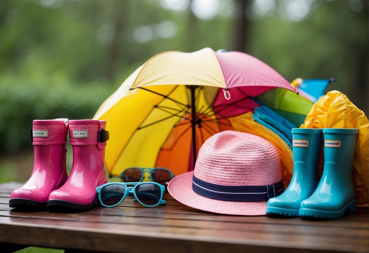 A child's spring wardrobe essentials laid out on a table: hats, sunglasses, raincoat, rain boots, and a colorful umbrella