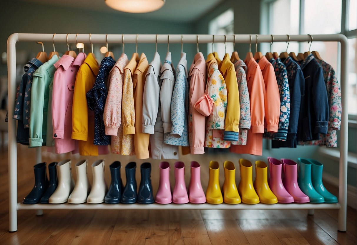 A colorful array of children's spring clothing, including light jackets, rain boots, and floral dresses, neatly arranged on a display rack