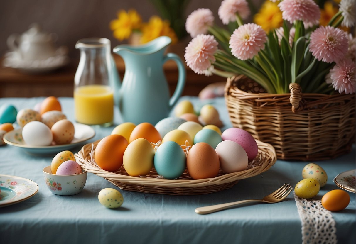 A table set with colorful Easter decorations, including painted eggs, flowers, and a festive tablecloth. A basket filled with treats sits in the center, surrounded by cheerful decorations
