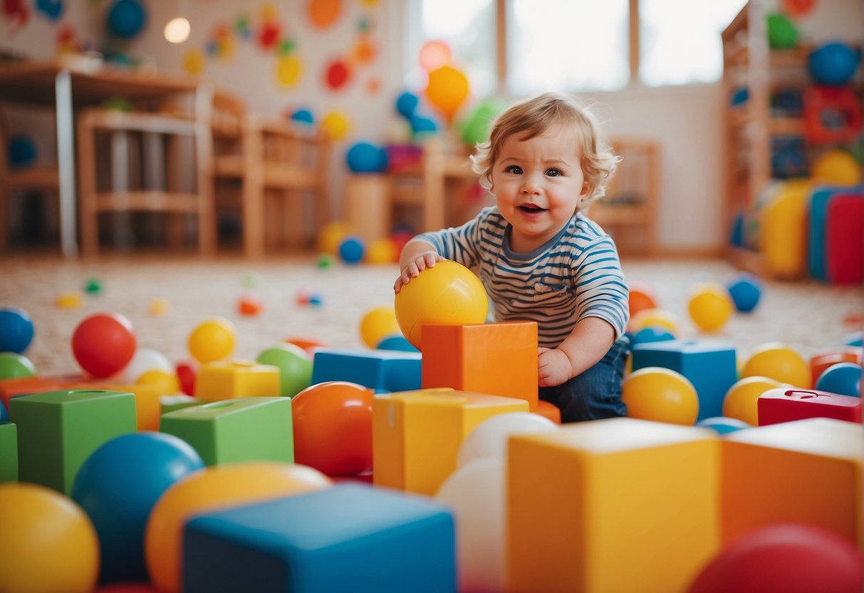 Children playing in a daycare, toys scattered, colorful walls, and cheerful atmosphere