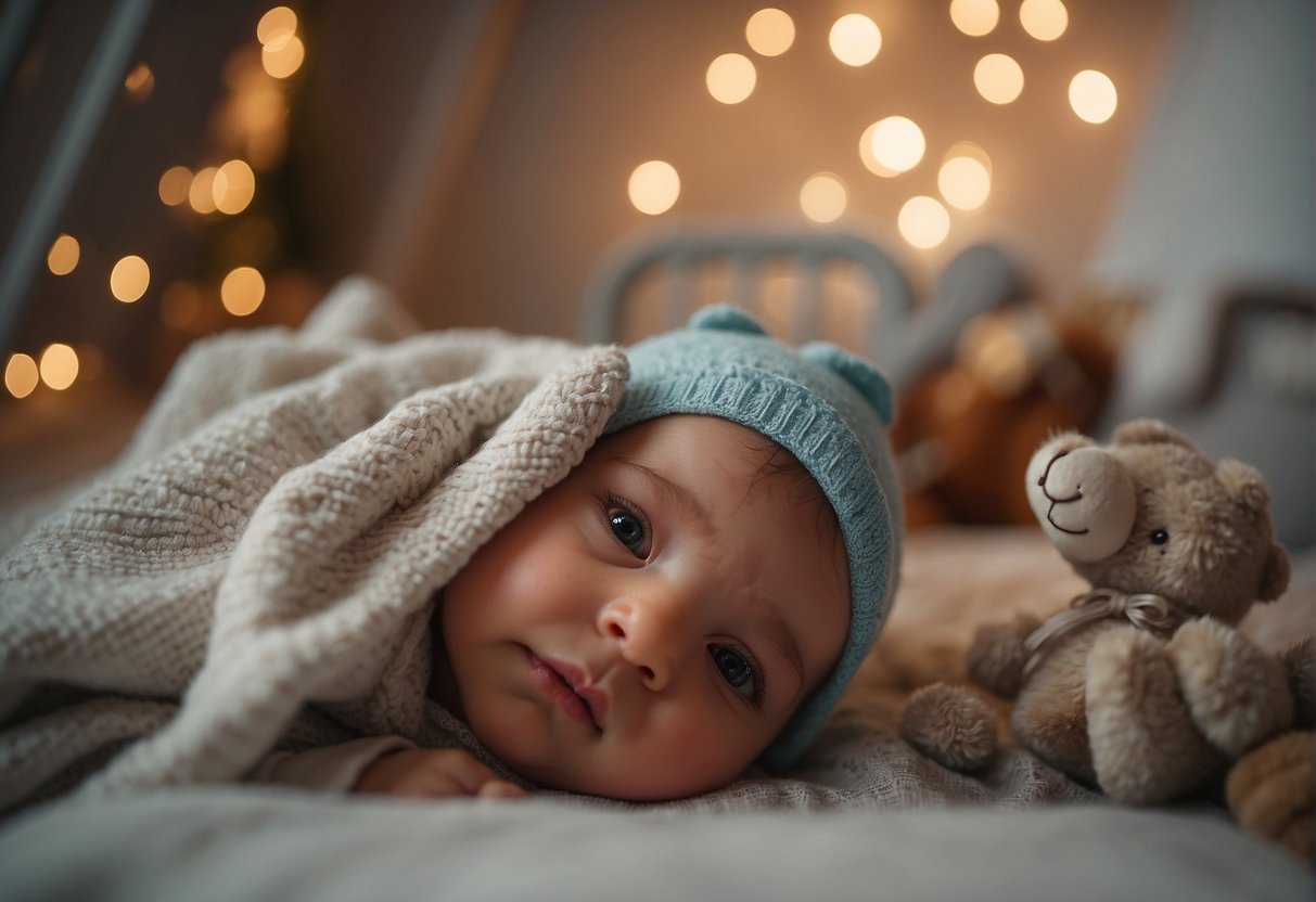 A baby in a crib - toys scattered on the floor, a mobile hanging above, and a cozy blanket draped over the edge