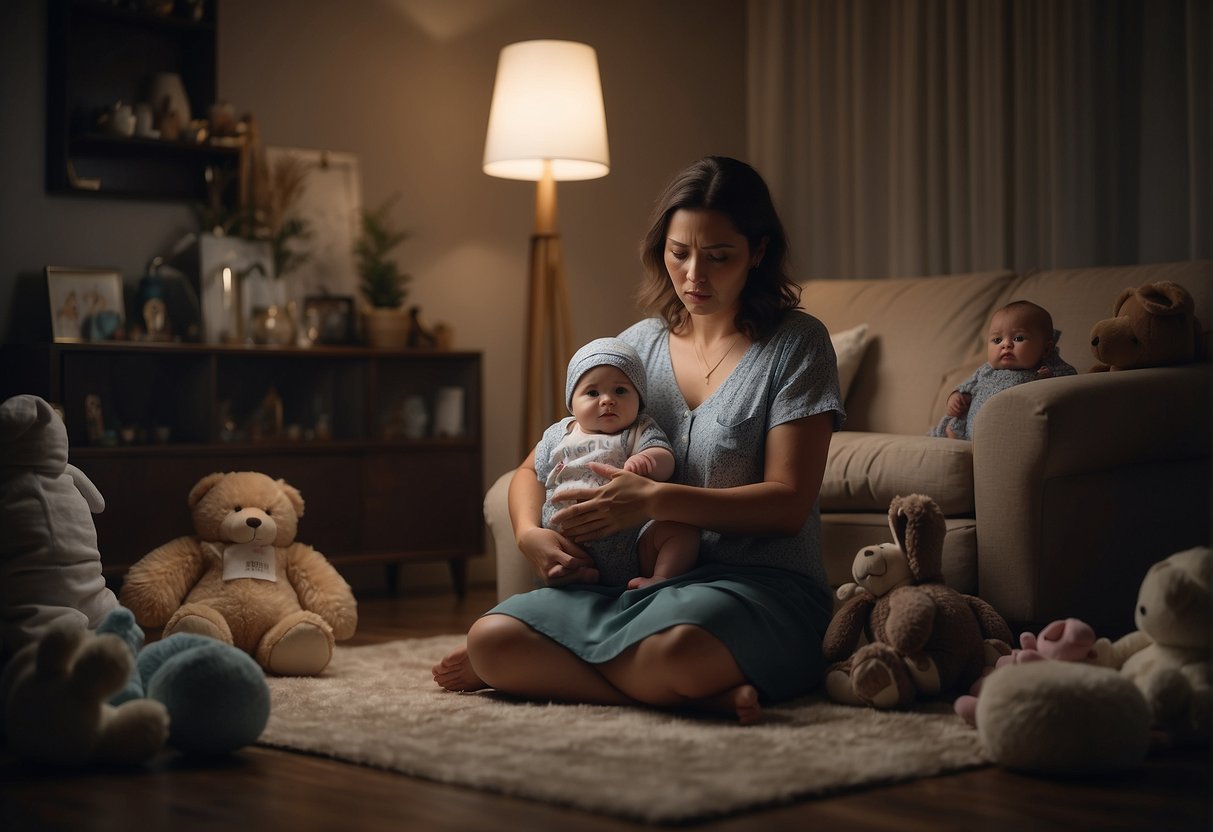 A mother sitting alone in a dimly lit room, surrounded by baby items. Her expression is somber, with tears in her eyes