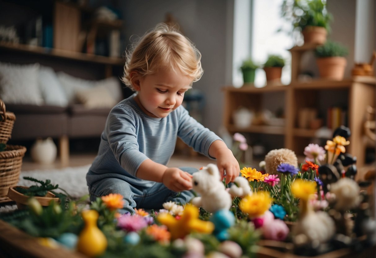 A child playing with colorful spring flowers in a cozy indoor setting, surrounded by toys and creative materials