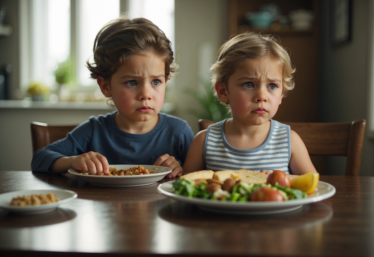 A child pushes away a plate of food with a frown, while a frustrated adult tries to coax them to eat