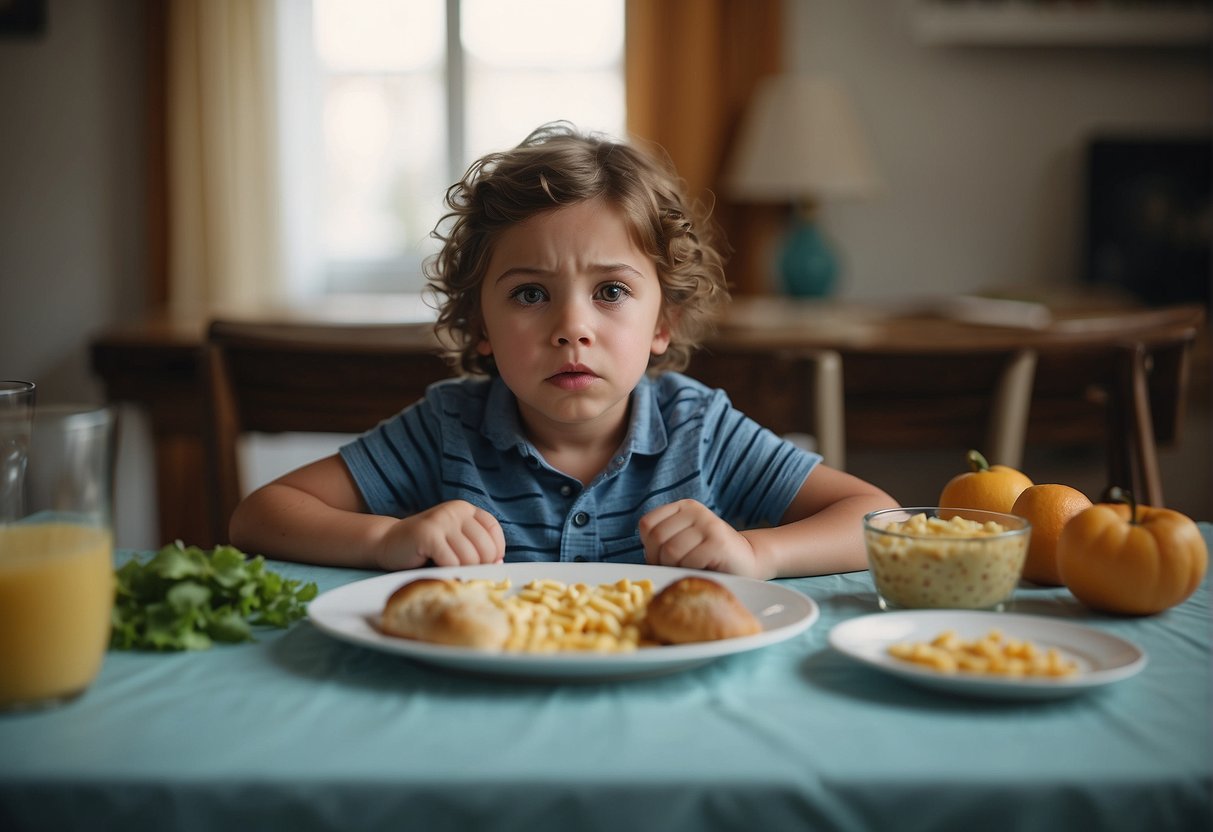 A frustrated parent tries to feed a resistant child. The child sits with a pout, arms crossed, and food untouched on the table