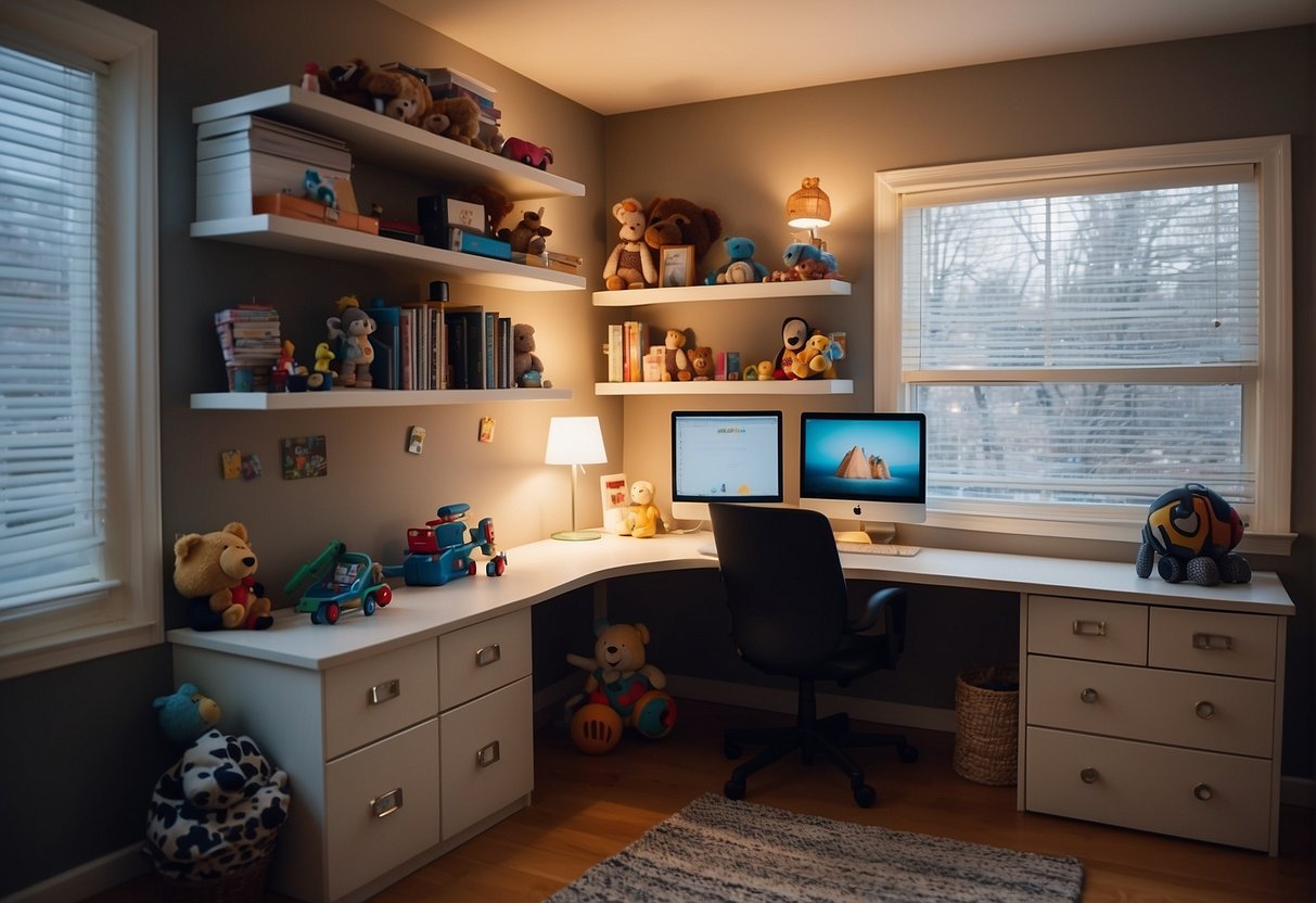 A cozy home office with toys neatly organized nearby. A laptop and paperwork on the desk, with a child's drawing pinned to the wall
