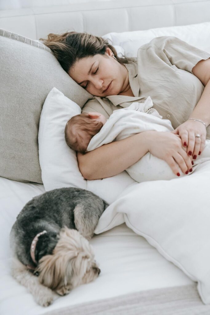 depresja poporodowa: zmęczona kobieta śpi na kanapie z niemowlakiem w objęciach. Obok niech leży śpiący pies.