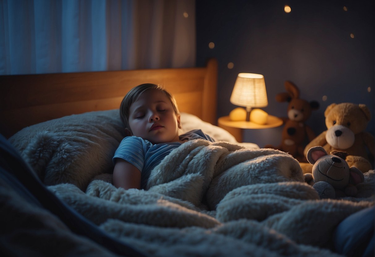 A child peacefully sleeps alone in their own bed, surrounded by stuffed animals and soft blankets. The moonlight gently illuminates the room, creating a calm and serene atmosphere