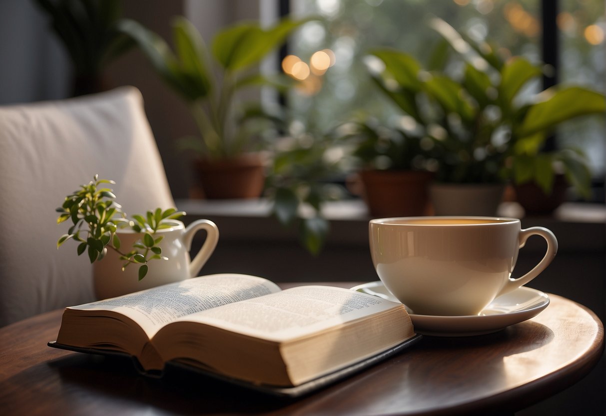 A peaceful setting with a cozy chair, a warm cup of tea, and a book surrounded by soft lighting and plants