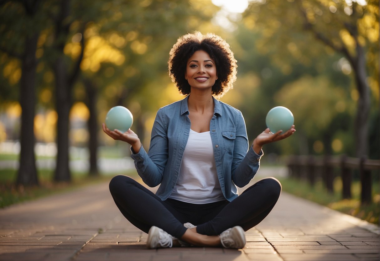 A mother juggles work and family, finding balance through exercise, healthy eating, and self-care. She practices mindfulness and sets boundaries to prioritize her well-being