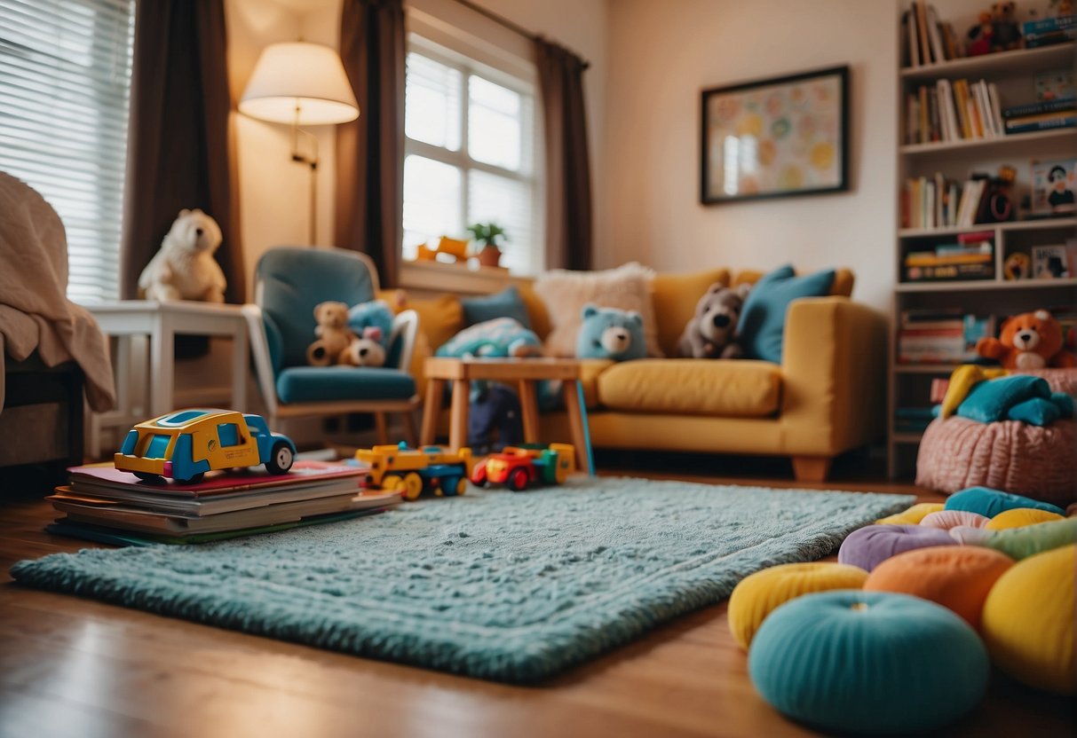A cozy living room with a cluttered coffee table, a baby's play mat, and a calendar on the wall, surrounded by toys and children's books