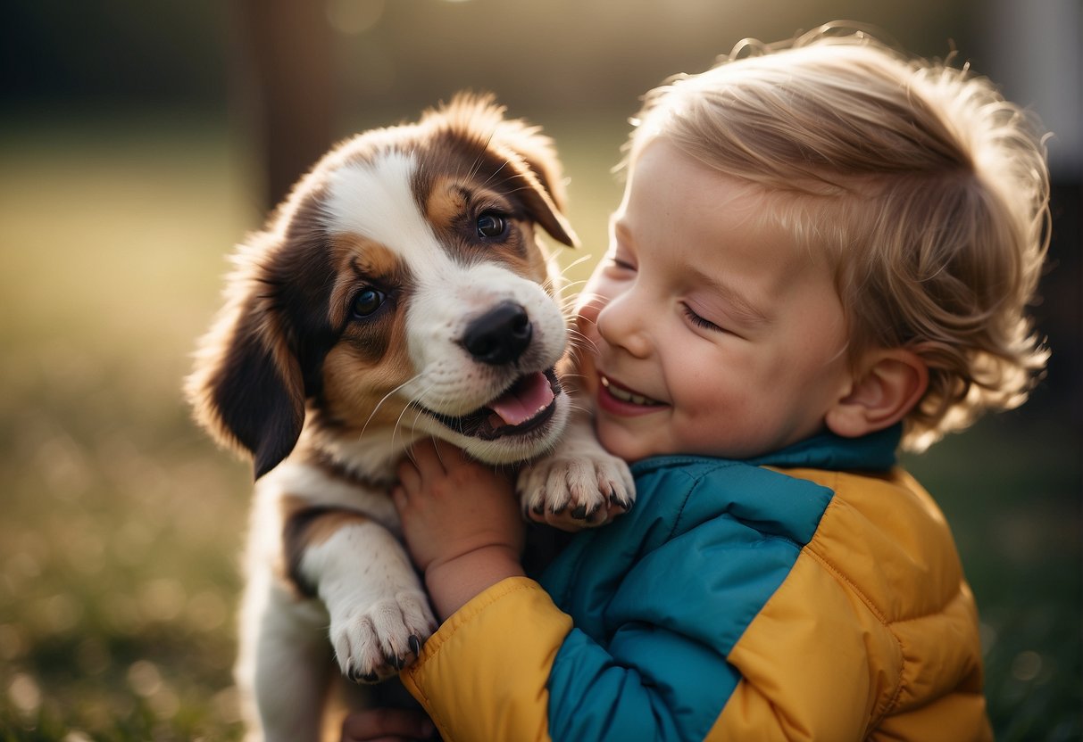 A child playing with a puppy, smiling and laughing as the puppy licks their face