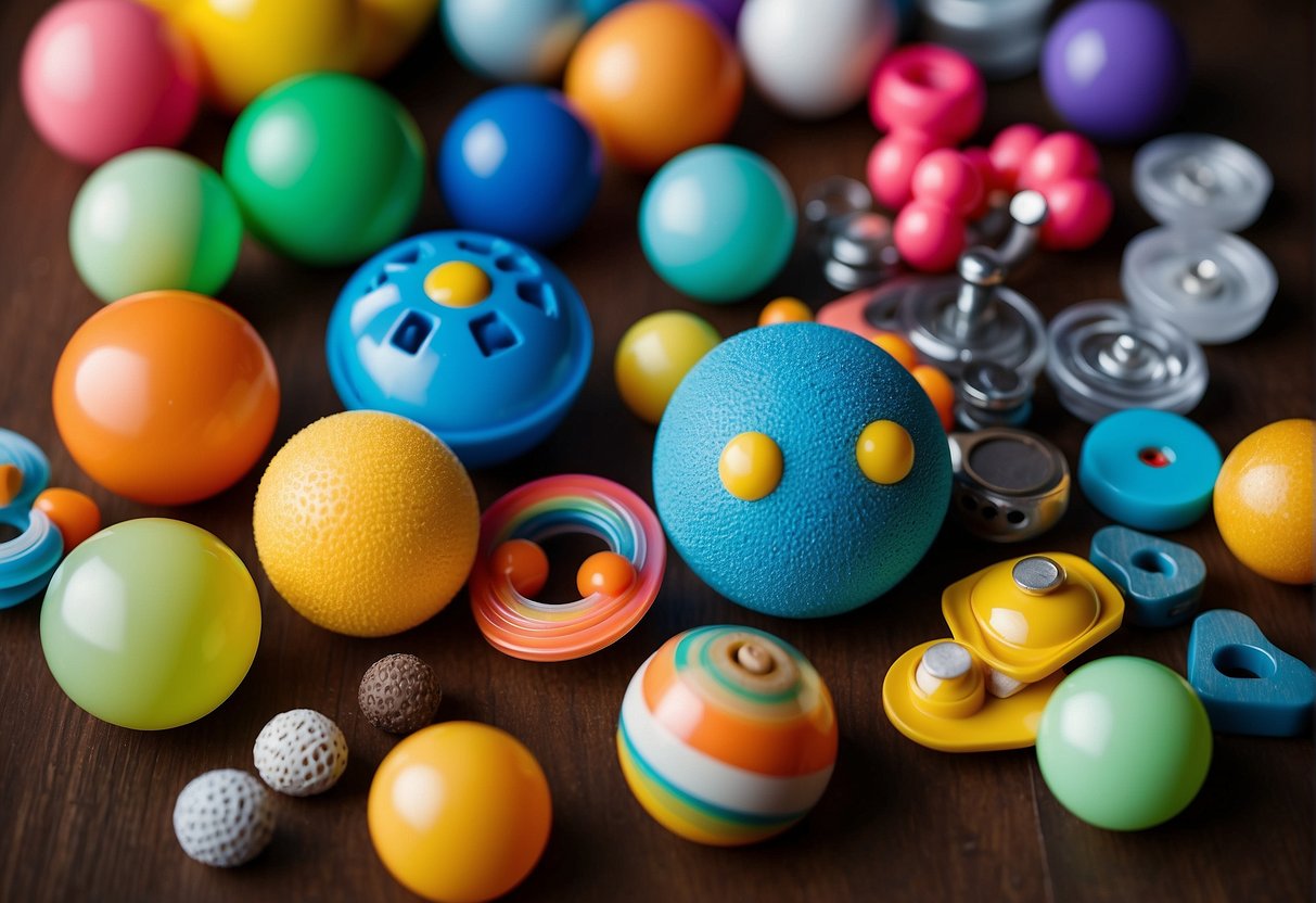 A variety of sensory toys laid out on a table, including textured balls, squishy shapes, and colorful fidget spinners. Labels with information about each toy are displayed nearby