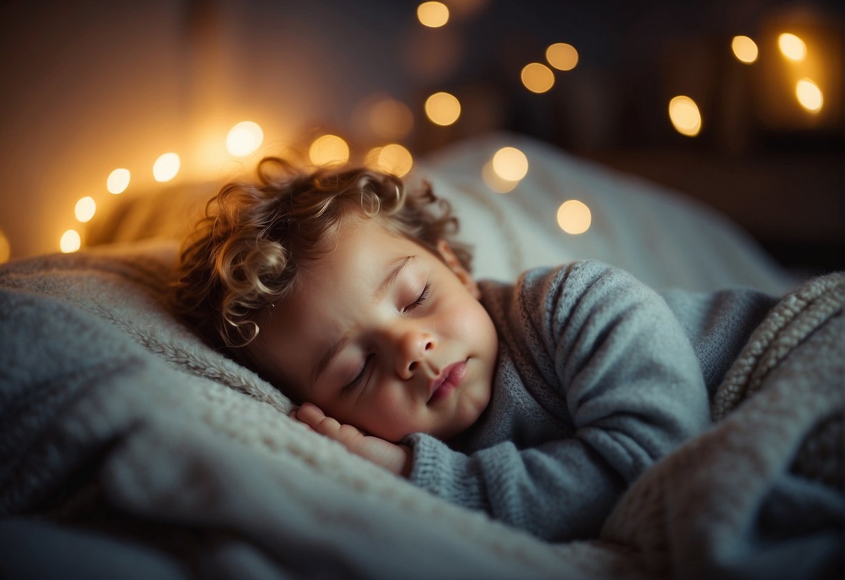 A child peacefully sleeping in a cozy bed, surrounded by comforting toys and soft blankets, with a gentle nightlight casting a warm glow