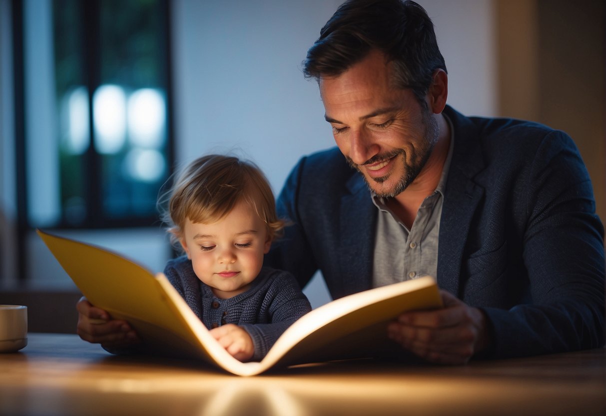 Father playing with child, reading bedtime story, teaching life skills. Positive, nurturing interaction between father and child