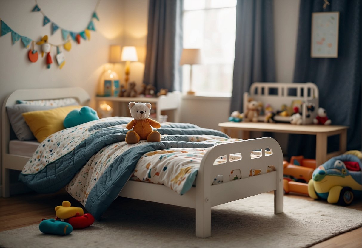 A child's bed placed between two larger beds, with toys scattered around