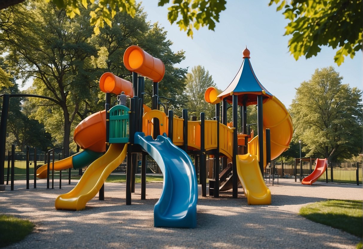 A colorful playground with slides, swings, and climbing structures surrounded by green trees and a clear blue sky