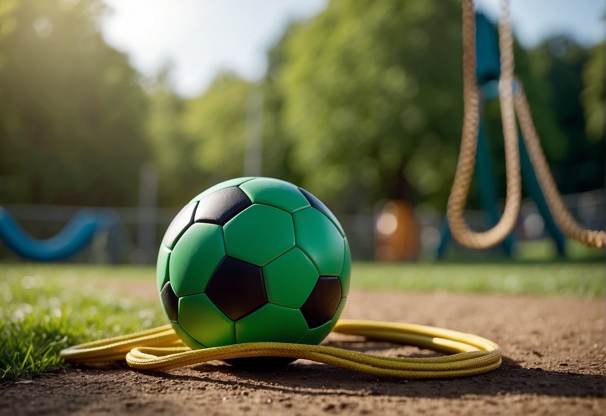 A playground filled with colorful equipment, surrounded by green trees and open space. A soccer ball and jump rope lay on the ground, inviting kids to play