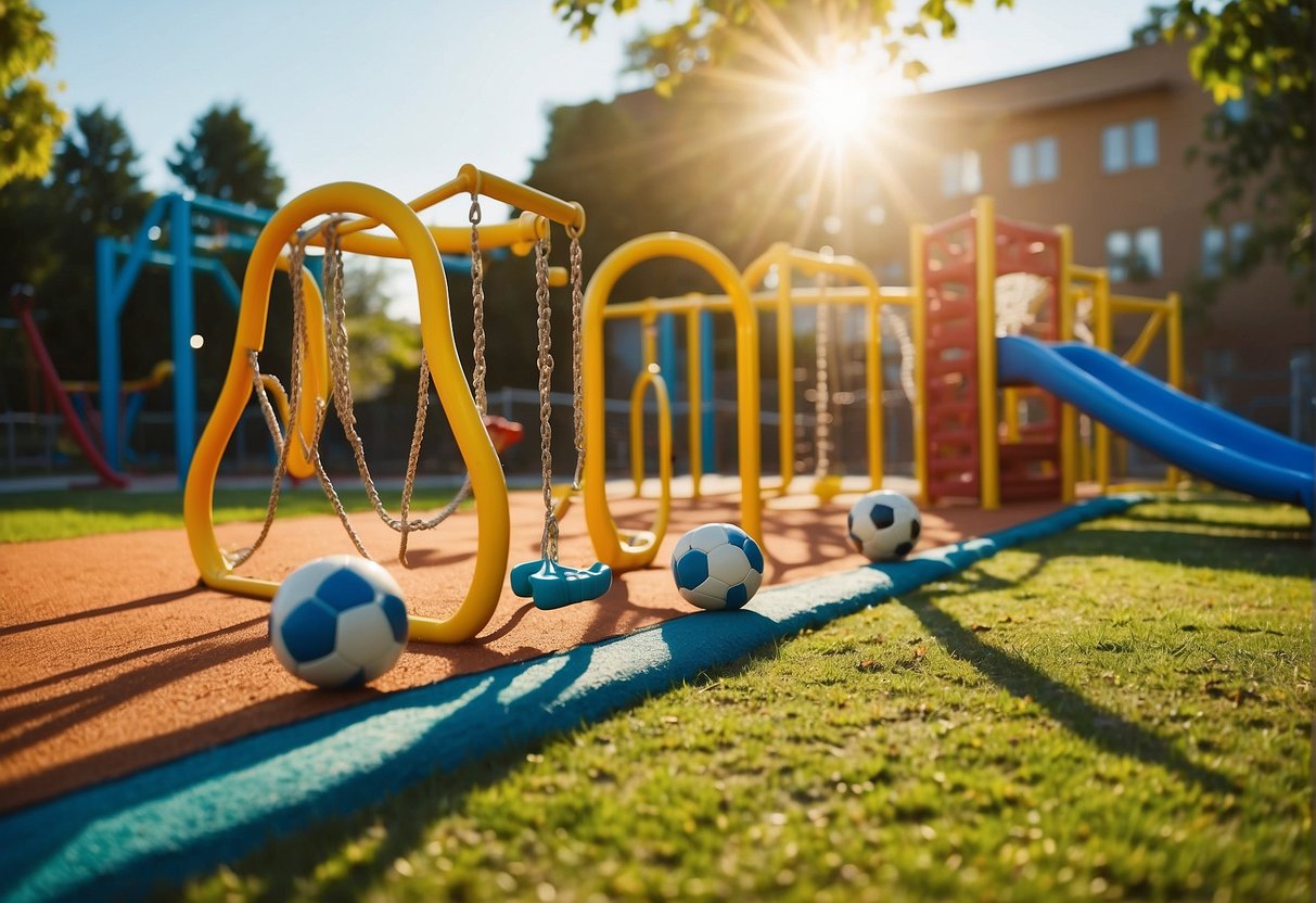 A colorful playground with slides, swings, and climbing structures. A soccer ball and jump rope lie nearby. Bright sunshine and happy children playing
