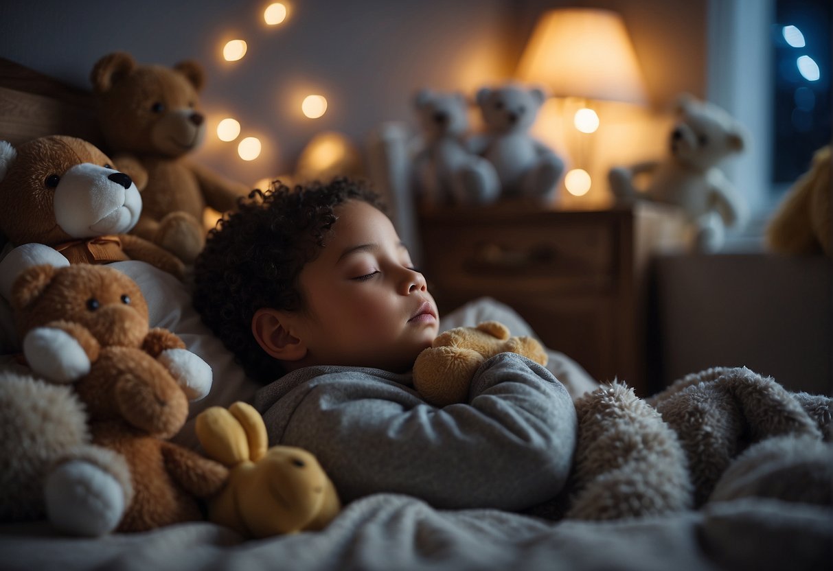A child sleeping peacefully in a cozy bed, surrounded by stuffed animals and blankets, with the moonlight softly illuminating the room